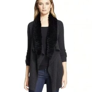 Dolce Cabo Lambswool Blend Sweater Real Rabbit Fur Trim Open Front Medium
